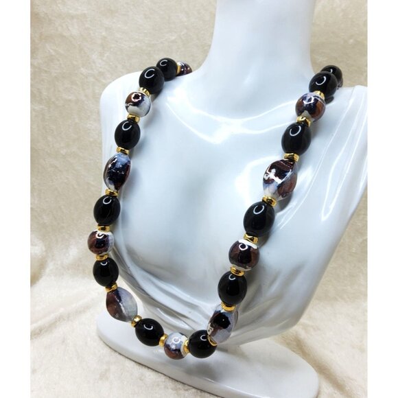 Vintage Japan Beaded Necklace With Gold Black & Brown Acrylic Beads - Picture 2 of 5